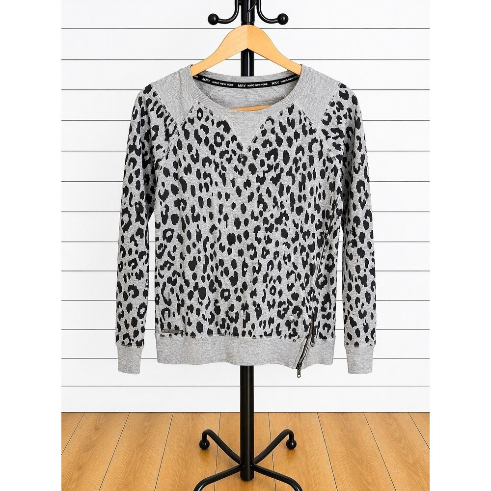 MARC NEW YORK TOP Cotton Stretch LEOPARD ZIPPER LONG SLEEVES XS  Sporty
